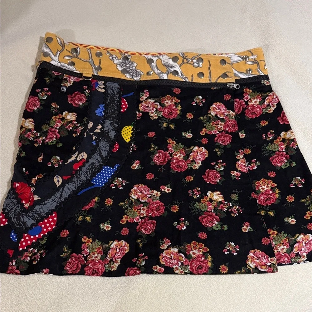 Zand Amsterdam Black Floral Mini Skirt with Yellow Contrast Waistband